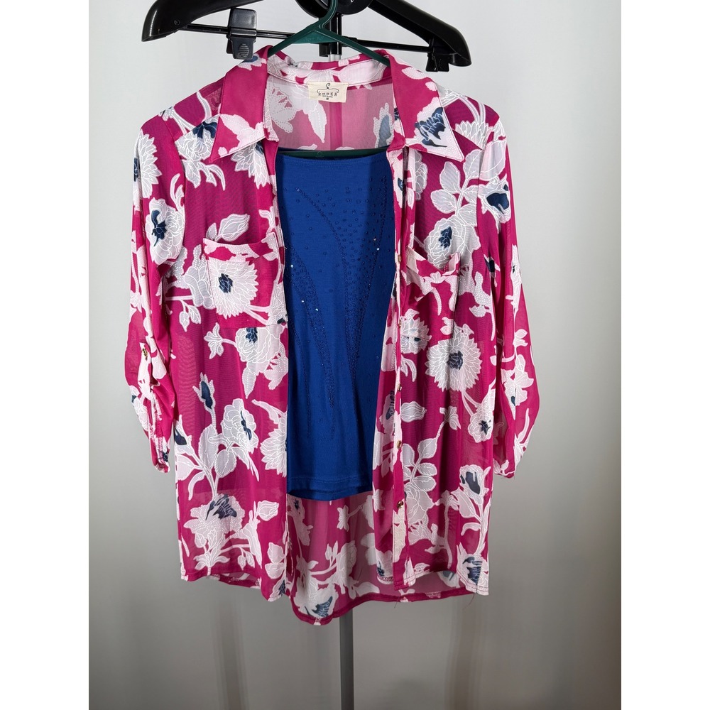 Ember 2 Piece Set Pink Floral Button Down Shirt & Blue Sequin Top Womens Medium